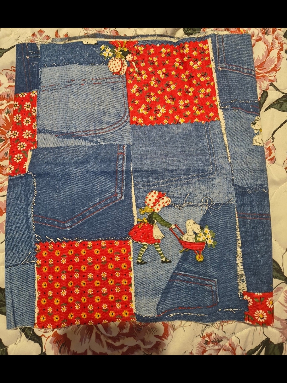 Blue Patchwork Denim Women’s Jeans Panel - Red Floral Accents